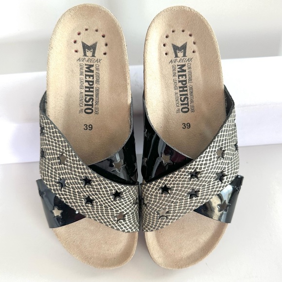 MEPHISTO NANOU STAR CROSSED STRAPS METALLIC/BLACK PATENT LEATHER SANDALS Sz9/39 - Picture 11 of 11